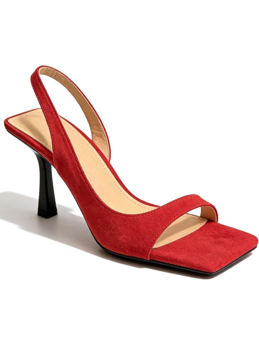 Women's Red Slingback Stiletto Sandals Slip On Open Square Toe High Kitten Heels